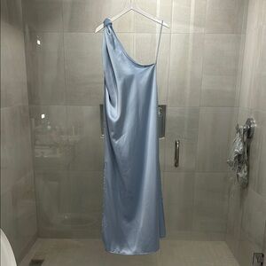One-Shoulder Satin Maxi Dress in Light Blue